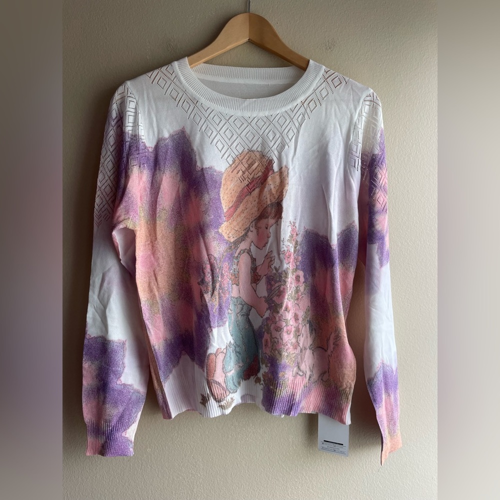 White Long-Sleeve Knit Top with Pastel Floral Illustration